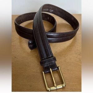 NICE! Lands End Brown Leather Belt Brass Roller Buckle Stitched Accent Size 38